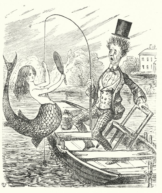 Punch tegneserie: fisker fanger en havfrue (gravering) av English School