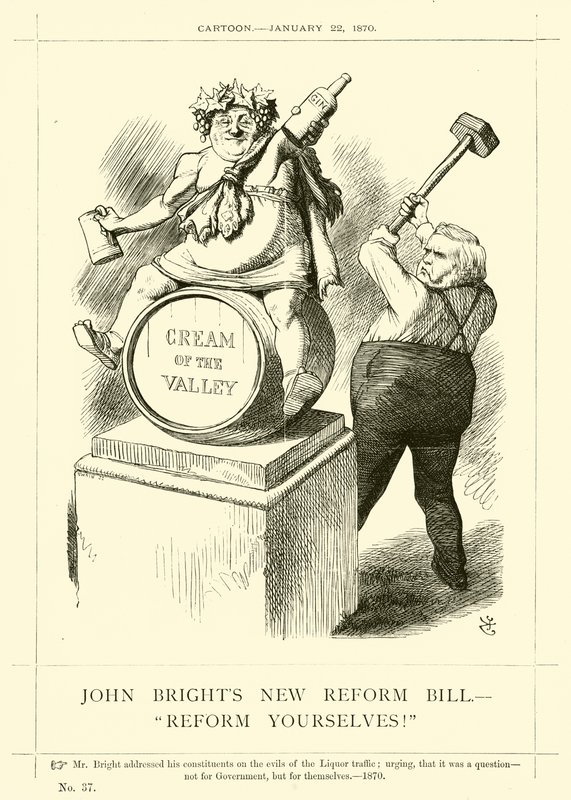 Punch-tegneserie om John Bright: John Brights New Reform Bill, "Reform Yourselves!", 22. januar 1870 (gravering) av English School
