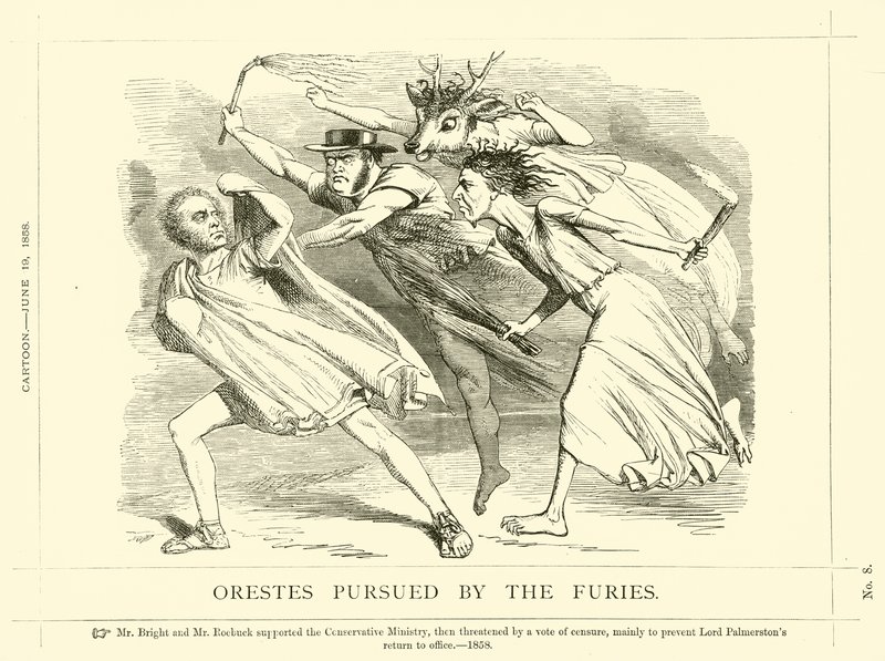 Punch tegneserie om John Bright: Orestes Pursued By The Furies av English School