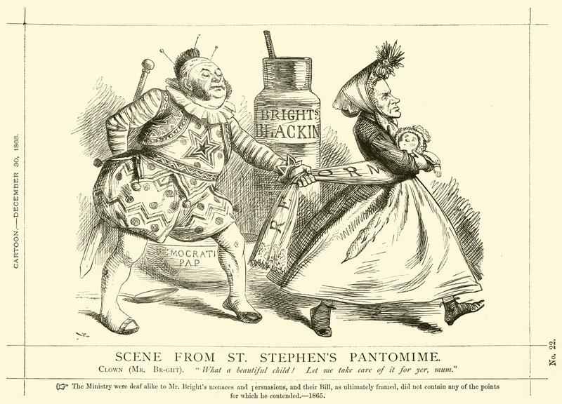 Punch tegneserie om John Bright: Scene From St Stephen's Pantomime, 30. desember 1865 (gravering) av English School