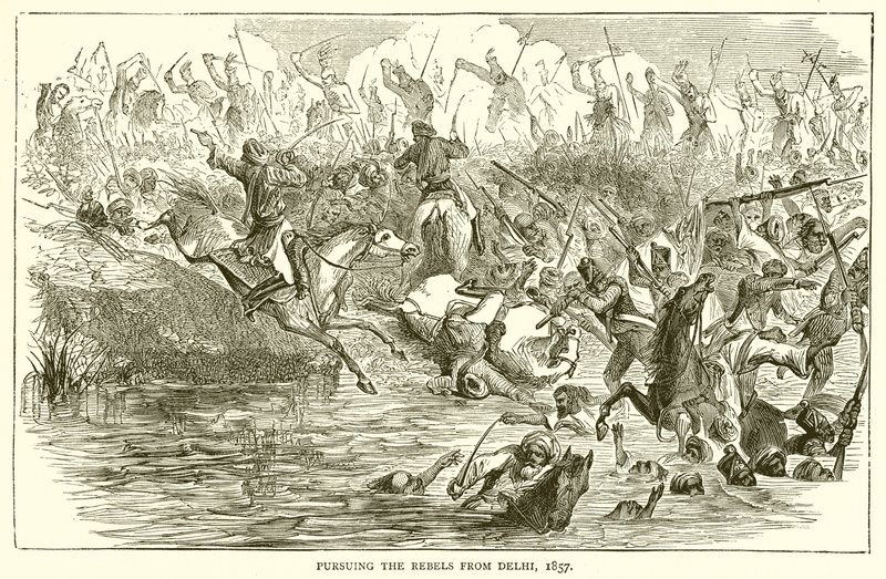 Forfølger opprørerne fra Delhi, 1857 av English School