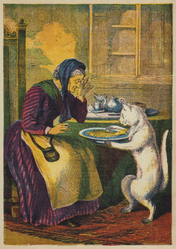 Puss bringer inn fisk (farge litho) av English School