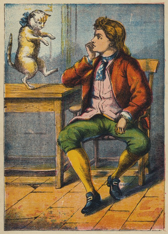 Puss Consoling the Miller's Son (farge litho) av English School