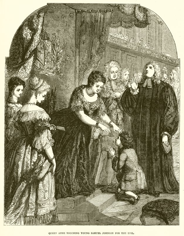 Dronning Anne berører unge Samuel Johnson for ondskapen av English School