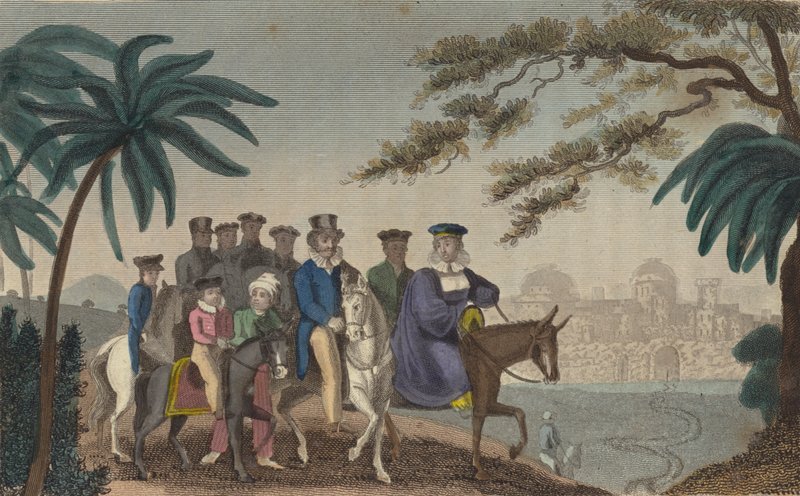 Dronning Caroline, fremmedgjort konsort av kong George IV, kommer inn i Jerusalem (farget gravering) av English School