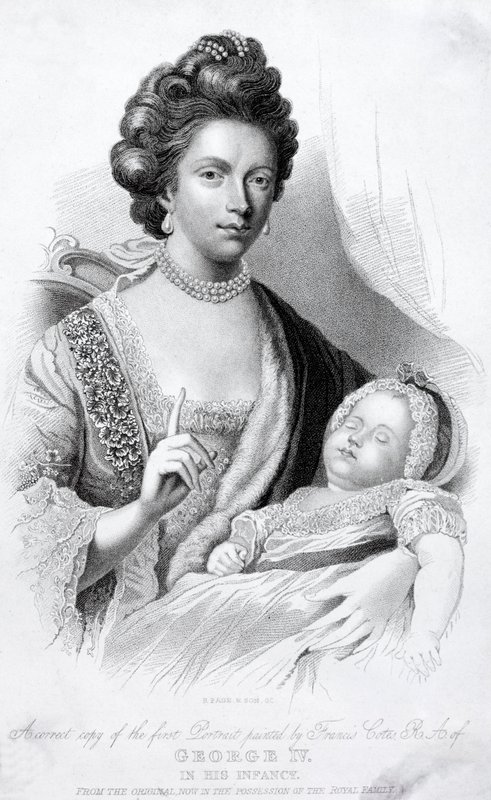 Dronning Charlotte, konsort av kong George III, med deres babysønn, den fremtidige prinsregenten og kong George IV av English School