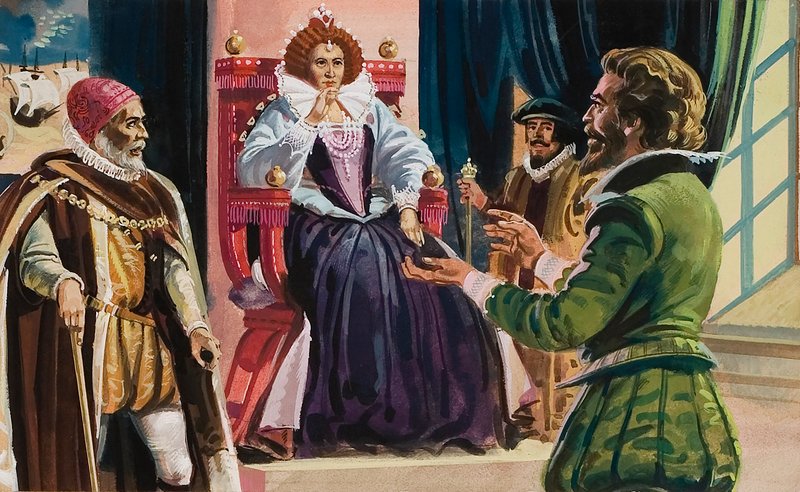 Dronning Elizabeth I (1533–1603) og Sir Francis Drake (1540–96) (gouache på papir) av English School