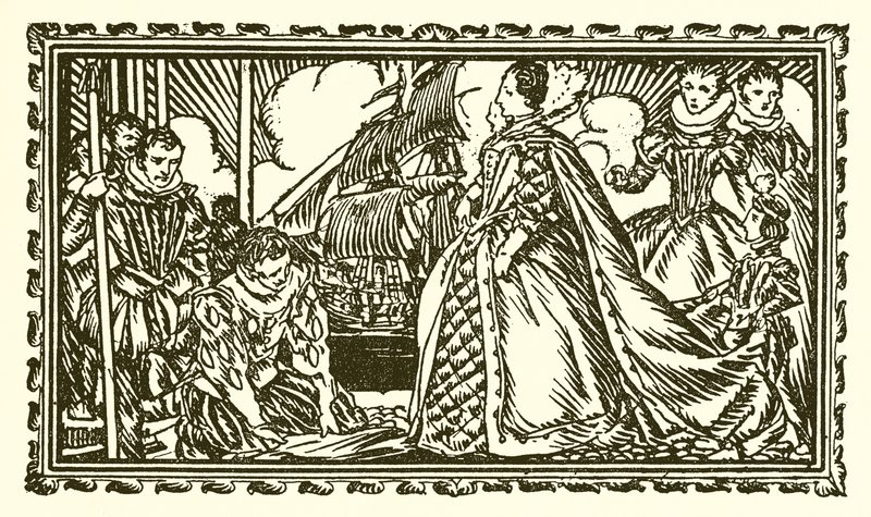Dronning Elizabeth I og Sir Walter Raleigh av English School