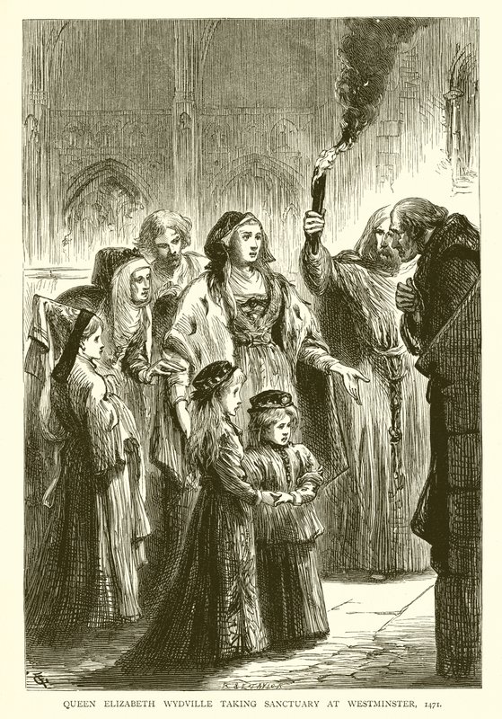 Dronning Elizabeth Wydville tar Sanctuary i Westminster, 1471 av English School