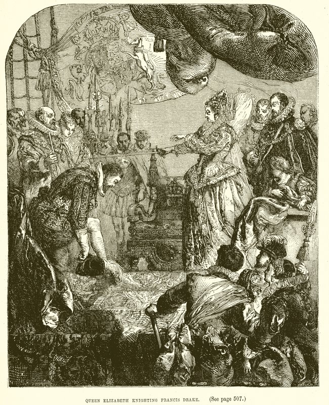 Dronning Elizabeth ridder Francis Drake av English School