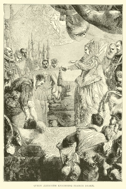 Dronning Elizabeth ridder Francis Drake av English School