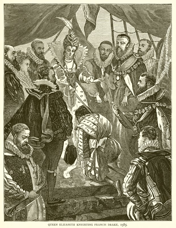 Dronning Elizabeth ridder Francis Drake, 1585 av English School