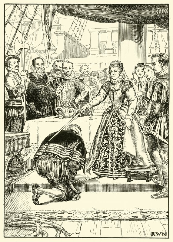 Dronning Elizabeth ombord på Golden Hind (blekk på papir) av English School