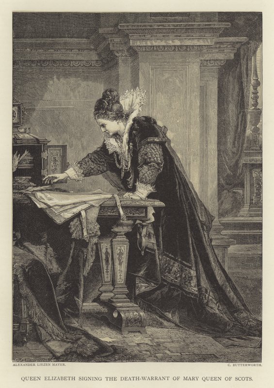 Dronning Elizabeth signerer dødsdommen til Mary Queen of Scots av English School