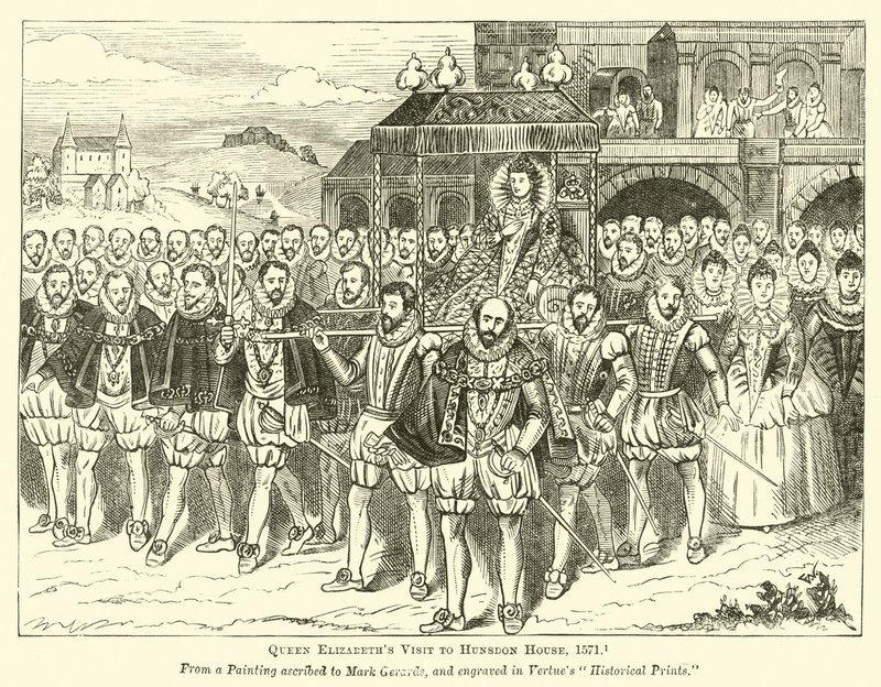 Dronning Elizabeths besøk til Hunsdon House, 1571 av English School
