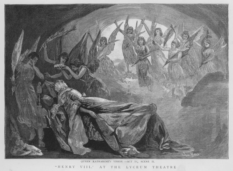 Dronning Katherines visjon, scene fra en produksjon av Shakespeares Henry VIII på Lyceum Theatre, London (litho) av English School