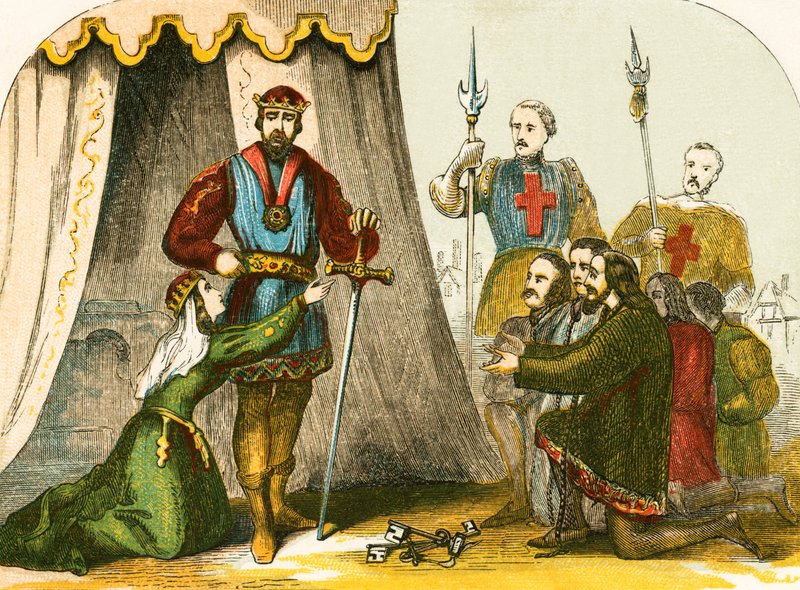 Dronning Philippa går i forbønn for Burgesses of Calais av English School