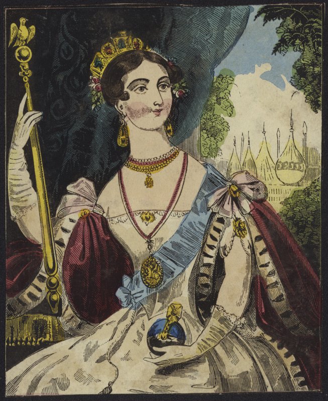 Dronning Victoria holder en kule og septer (fargegravering) av English School