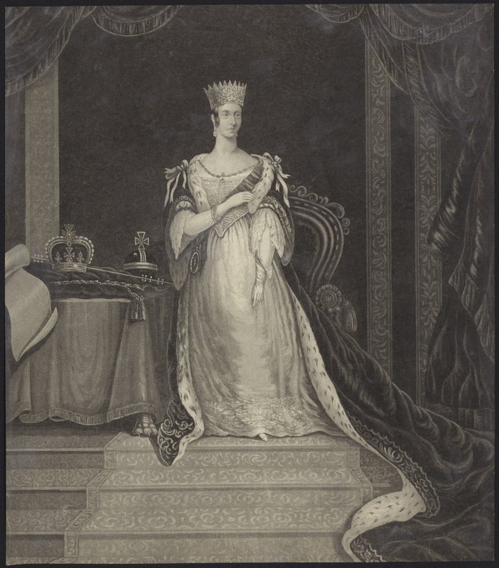 Dronning Victoria satt ved siden av kronjuvelene av English School