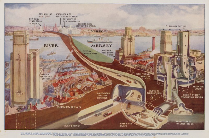 Queensway Tunnel, Liverpool, Merseyside (farge litho) av English School