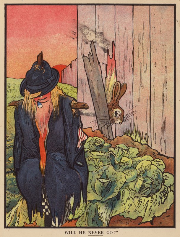 Kanin forvirret av et fugleskremsel (farge litho) av English School