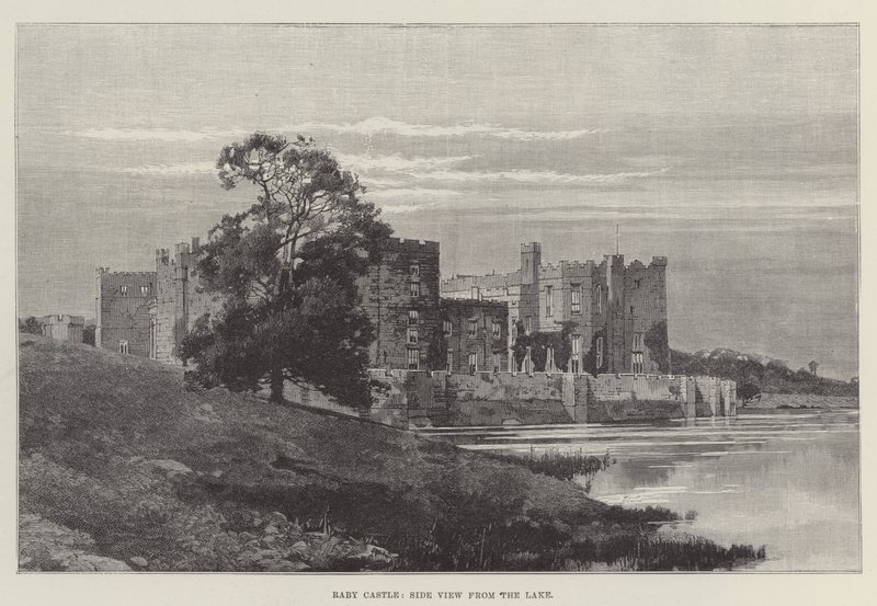 Raby Castle, sideutsikt fra innsjøen (gravering) av English School