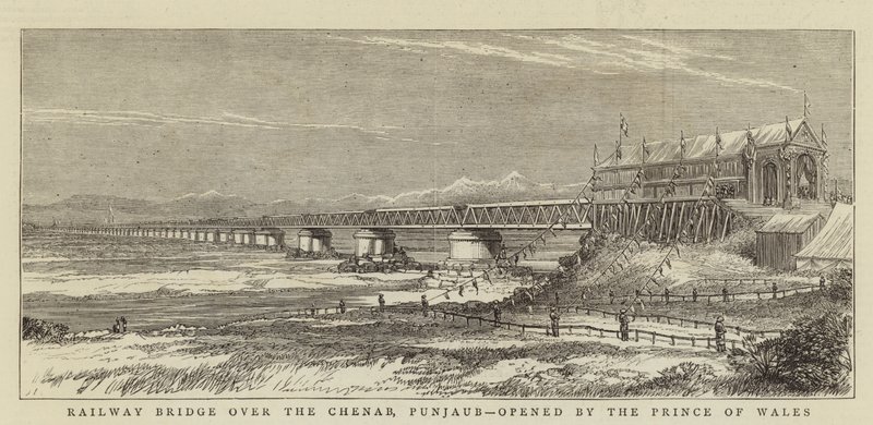 Jernbanebroen over Chenab, Punjaub, åpnet av prinsen av Wales (gravering) av English School