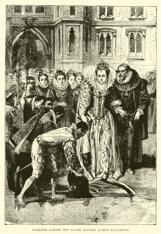 Raleigh legger kappen sin foran dronning Elizabeth av English School