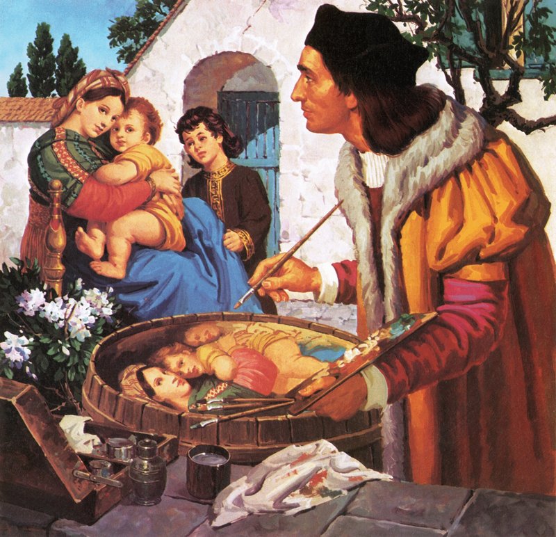 Raphael maler madonna og barn på toppen av en vintønne av English School