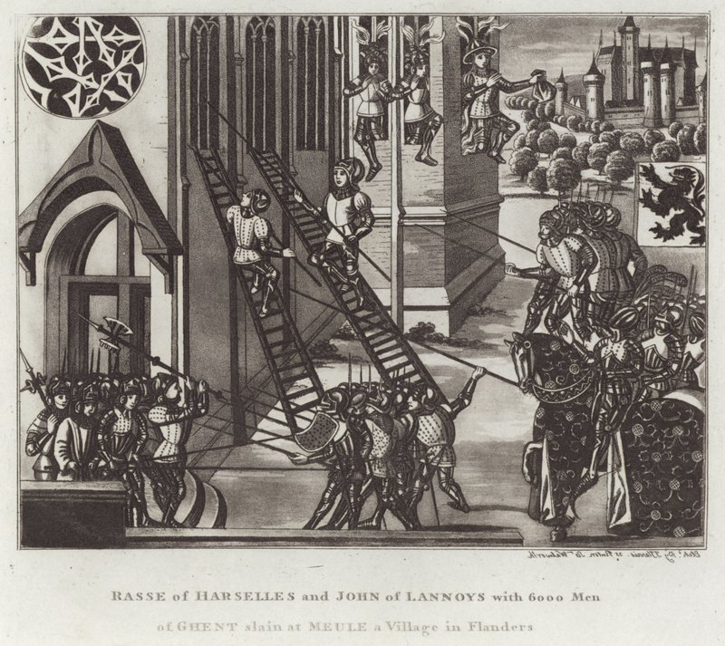 Rasse av Harselles og John av Lannoys med 6000 menn fra Gent drept ved Meule a Village i Flandern av English School