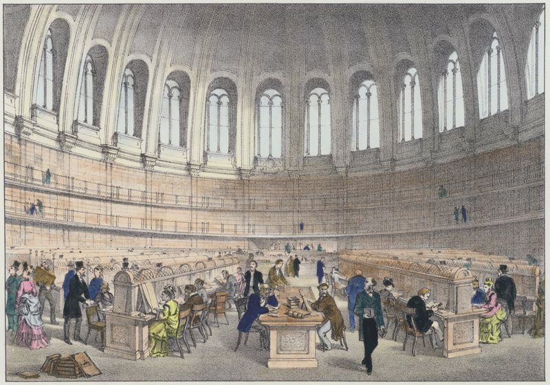 Lesesal i British Museum, London (farget gravering) av English School