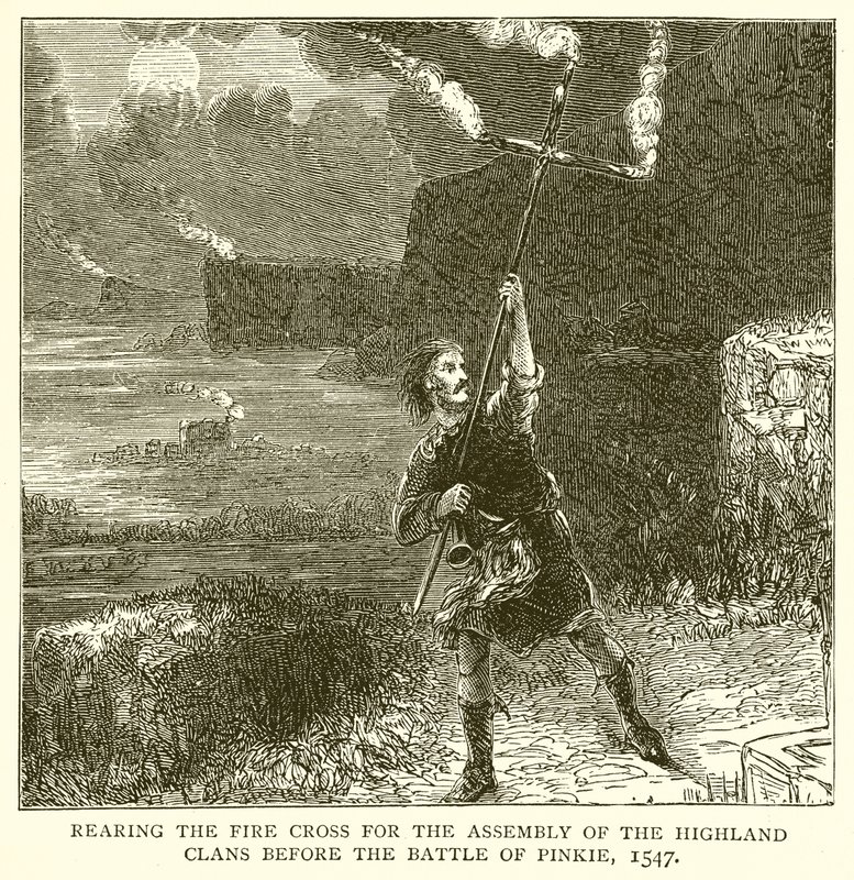 Rearing the Fire Cross for Assembly of the Highland Clans før slaget ved Pinkie, 1547 av English School