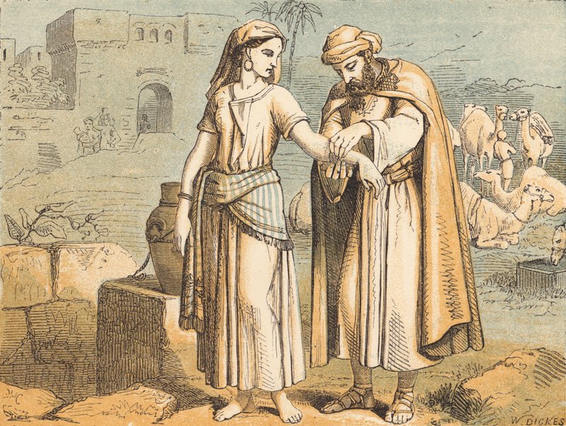 Rebekka ved brønnen (farget gravering) av English School