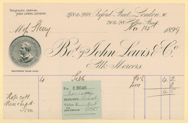 Kvittering fra John Lewis & Co., 14. november 1896 av English School