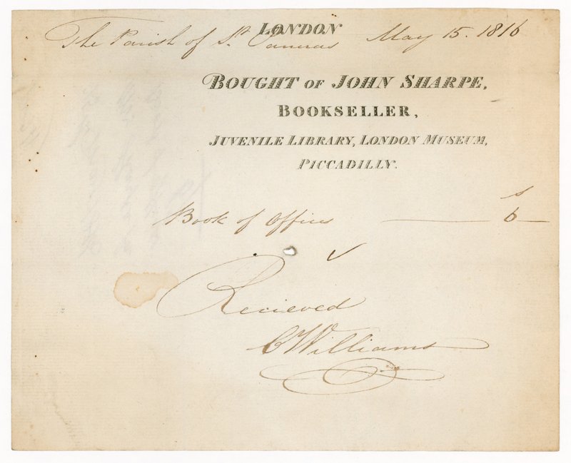 Kvittering fra John Sharpe, Bookseller, Juvenile Library, London Museum, Piccadilly, London av English School