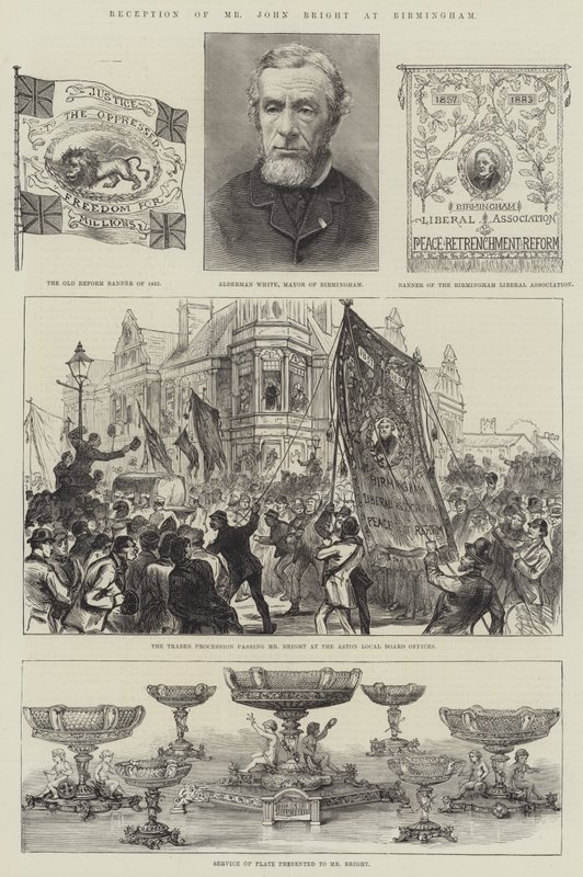 Mottakelse av Mr John Bright i Birmingham (gravering) av English School