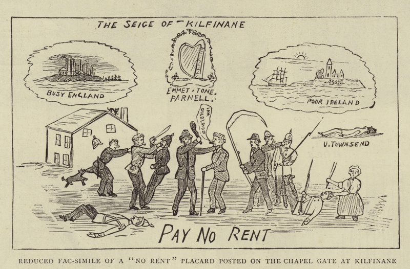 Redusert faksimile av et "No Rent" plakat oppsatt på kapellporten ved Kilfinane (gravering) av English School