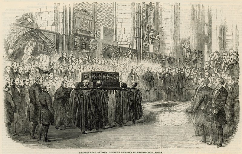 Gjenbegravelse av John Hunters gjenstår i Westminster Abbey av English School