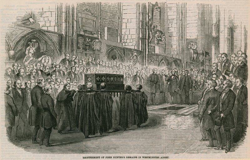 Gjenbegravelse av John Hunters gjenstår i Westminster Abbey, London av English School