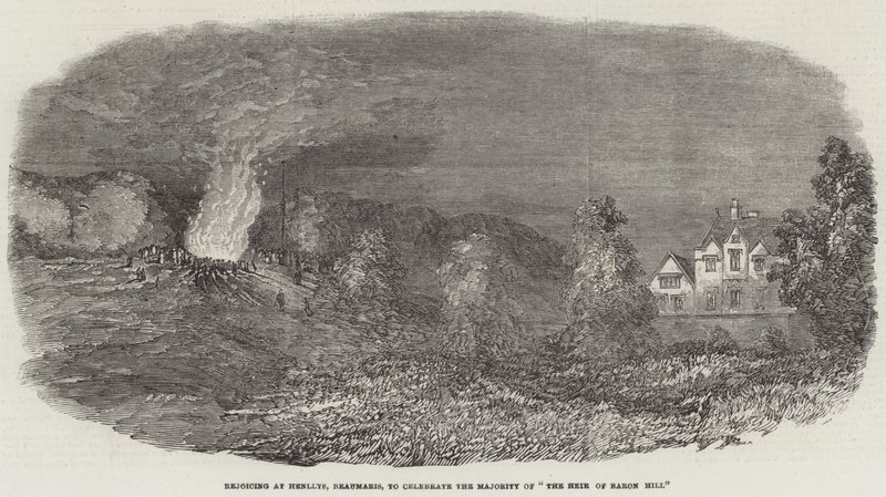 Fryder seg over Henllys, Beaumaris, for å feire flertallet av "The Heir of Baron Hill" (gravering) av English School