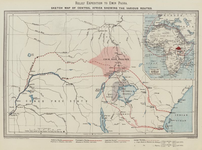 Hjelpeekspedisjon til Emin Pasha, skissekart over Sentral-Afrika som viser de forskjellige rutene (farge litho) av English School