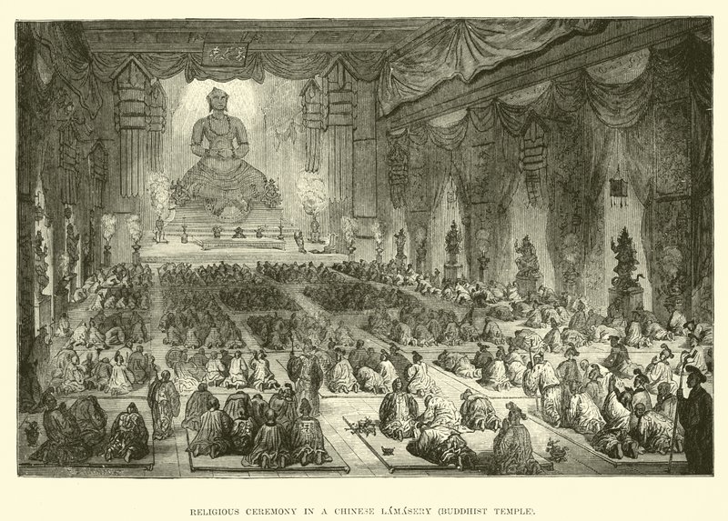 Religiøs seremoni i et kinesisk lamaseri, buddhistisk tempel av English School