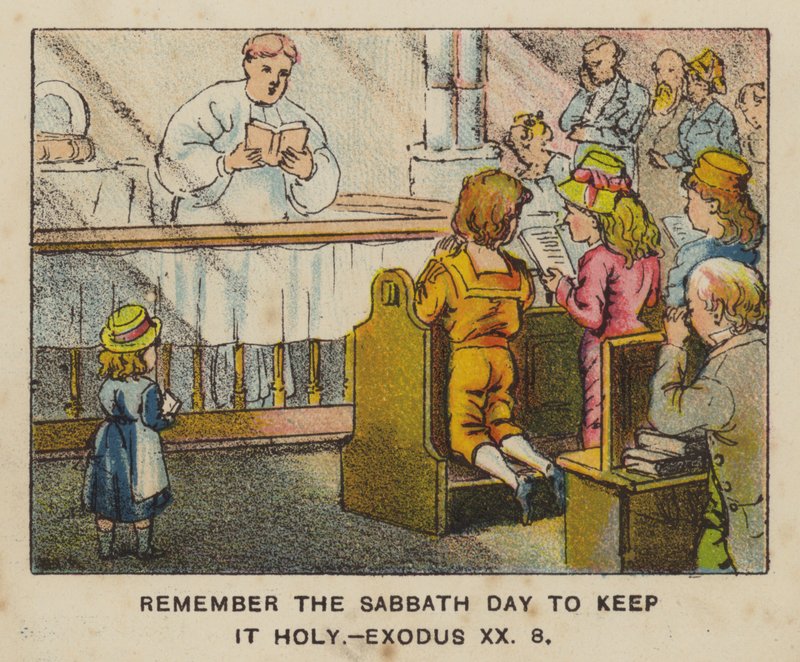 Husk sabbatsdagen for å holde den hellig, Exodus XX 8 (farge litho) av English School