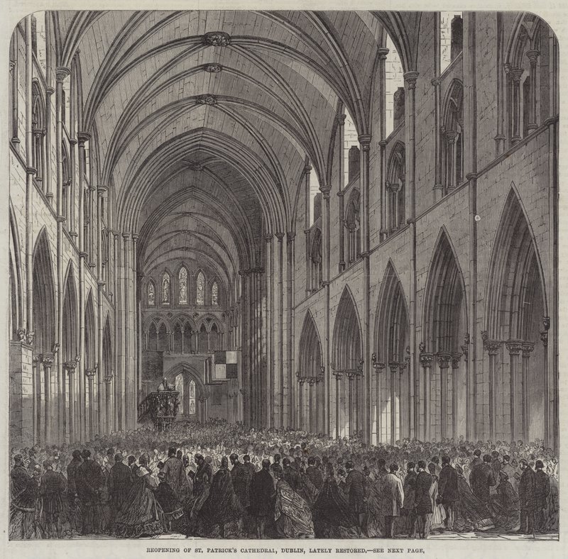 Gjenåpning av St Patrick's Cathedral, Dublin, nylig restaurert (gravering) av English School
