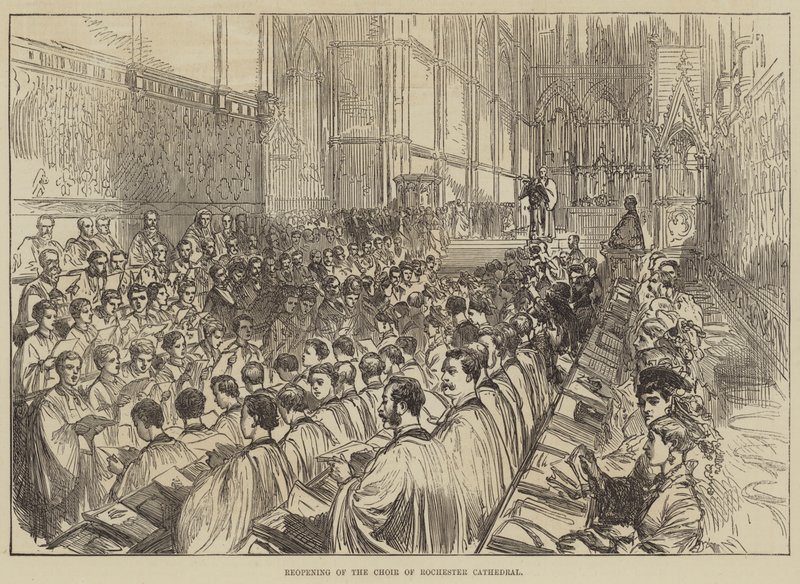 Gjenåpning av Choir of Rochester Cathedral (gravering) av English School