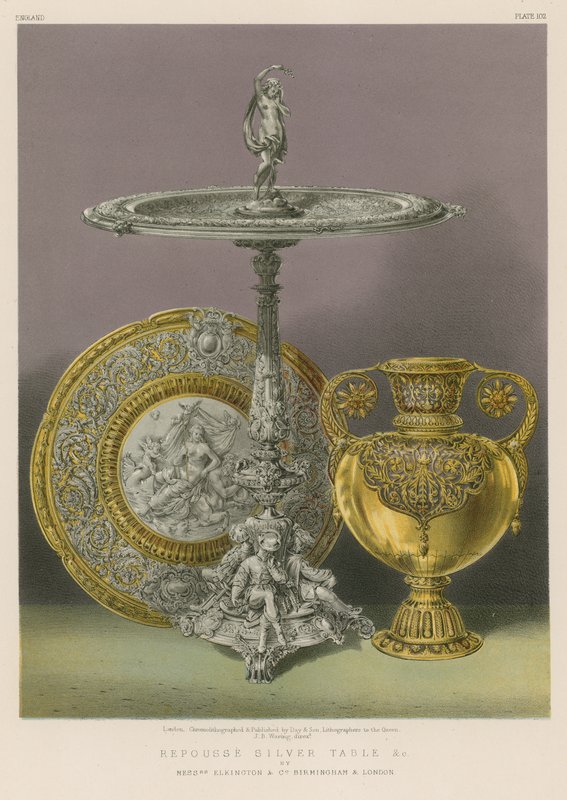 Repousse Silver Table etc av Mrs Elkington and Co, Birmingham og London av English School