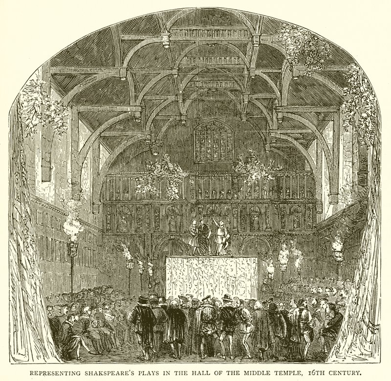Representerer Shakespeares skuespill i Hall of the Middle Temple, 1500-tallet av English School