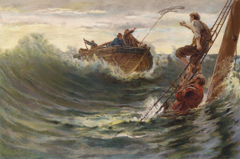 Redning av menn som har overlevd et forlis (chromolitho) av English School