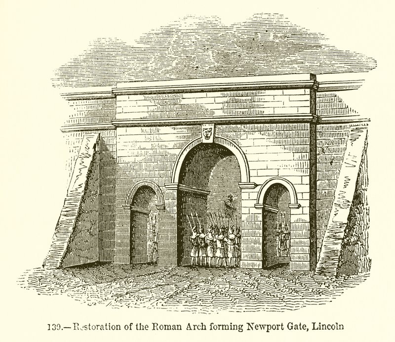 Restaurering av den romerske buen som danner Newport Gate, Lincoln av English School