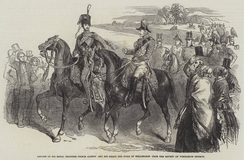 Return of His Royal Highness Prince Albert and His Grace the Duke of Wellington fra Review on Wimbledon Common (gravering) av English School